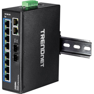 TRENDnet TI-G102 10-Port Ethernet Switch, 8 Gigabit ethernet ports, 2 shared Gigabit SFP slots, 20 Gbps switching capacity, DIN-rail/wall mount